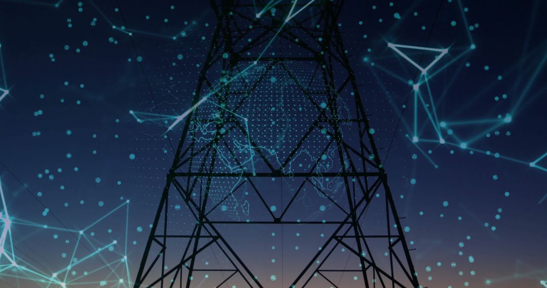 Transmission Tower with Digital Connectivity Overlay at Dusk