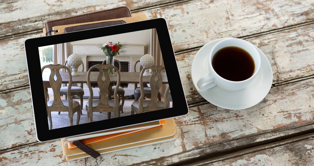 Digital Tablet Displaying Home Interior Design with Coffee Cup on Table