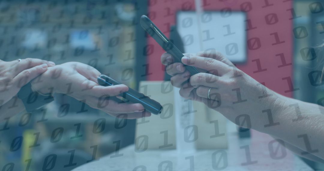 Conceptual Binary Code Overlay on Smartphone Interaction Background