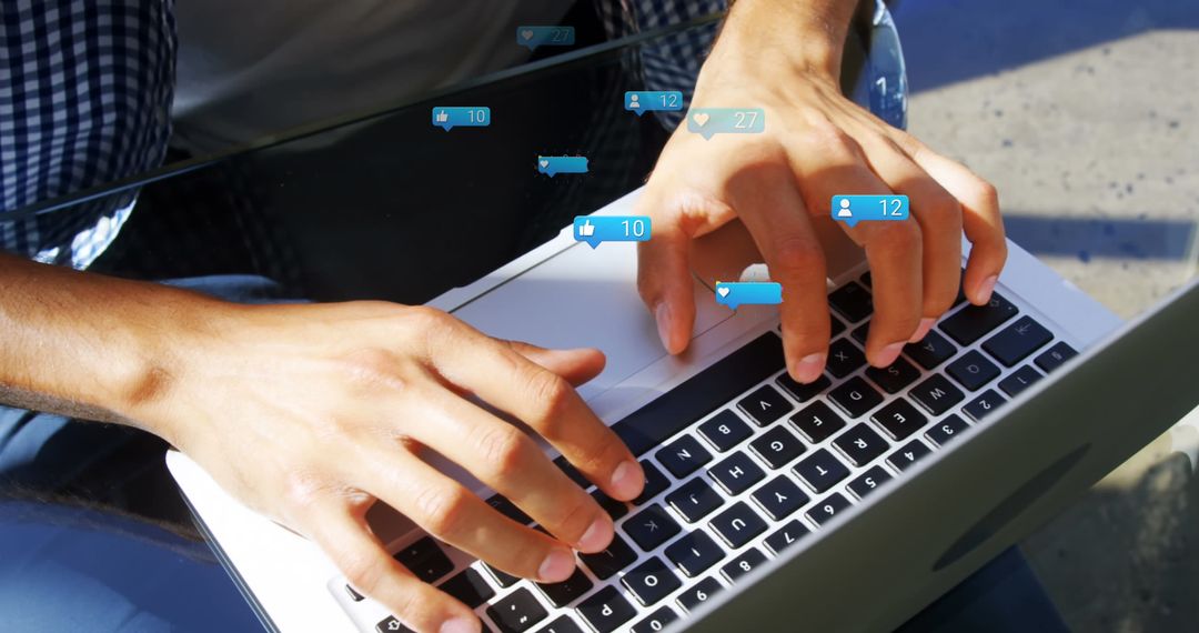 Digital Engagement Concept with Typing on Laptop Outdoors