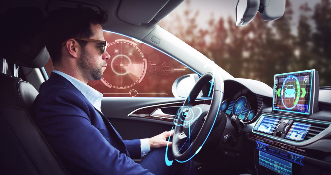 Businessman Experiencing VR in Futuristic Autonomous Car