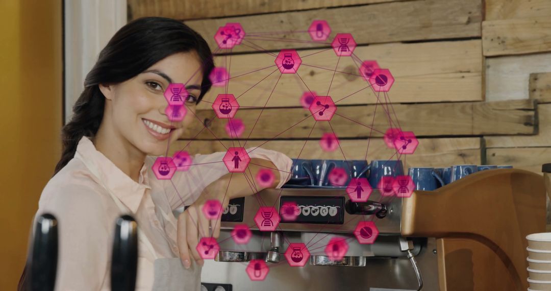 Smiling Barista Posing with Floating Tech Icons at a Café