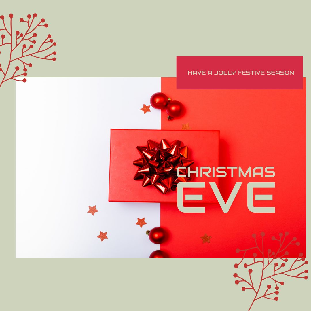 Red and White Christmas Eve Card Design with Decorations