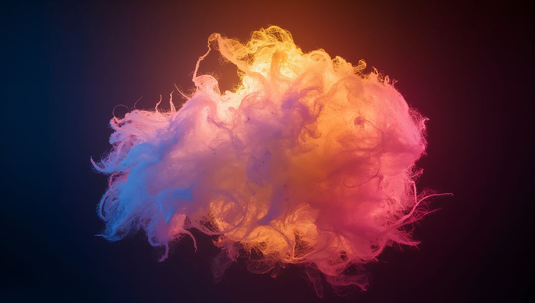 Glowing Fibrous Cloud Floating in Vibrant Nebula-Like Color Lights