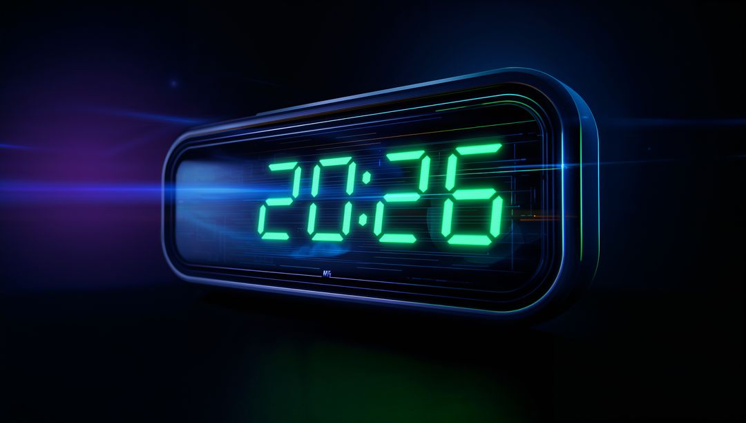 Futuristic Neon Digital Clock Displaying 20:26 with Green LED Digits and Blue-Purple Glow