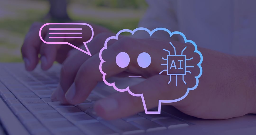 Hands Typing on Laptop with AI Graphics Overlay Concept