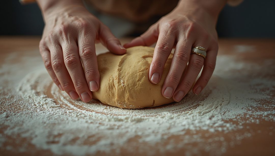Hands Kneading Dough on Floured Kitchen Countertop