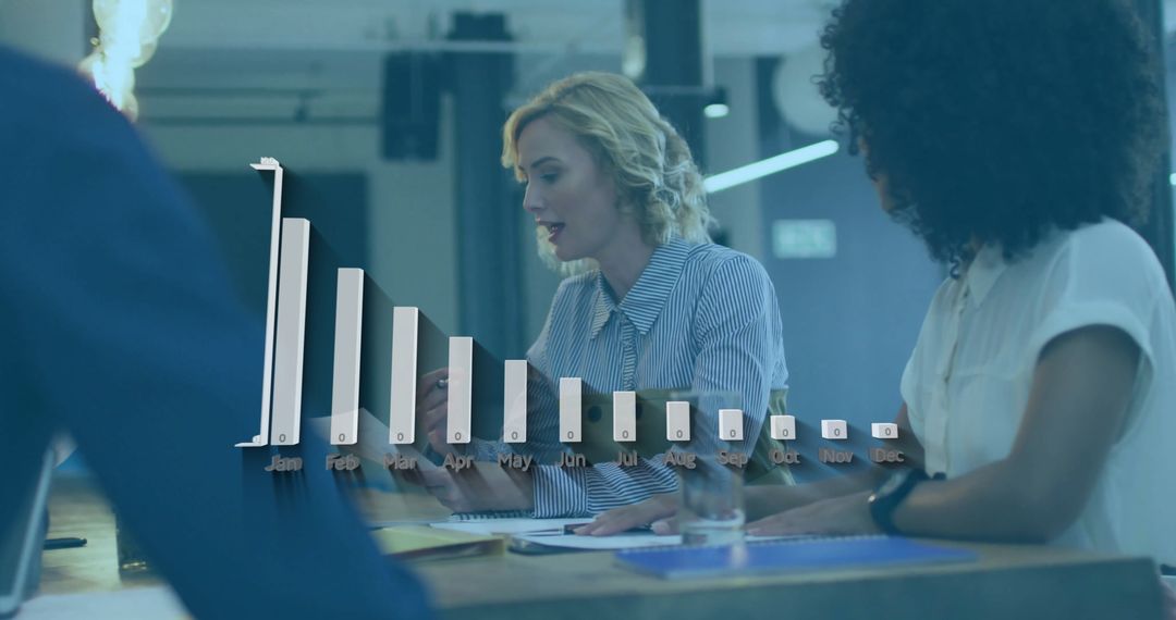 Business Team Reviewing 3D Data Bar Chart in Office Meeting