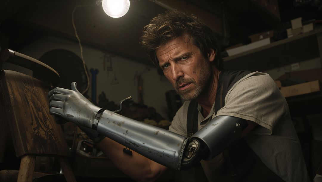 Skilled Craftsman Using Metal Prosthetic in Workshop