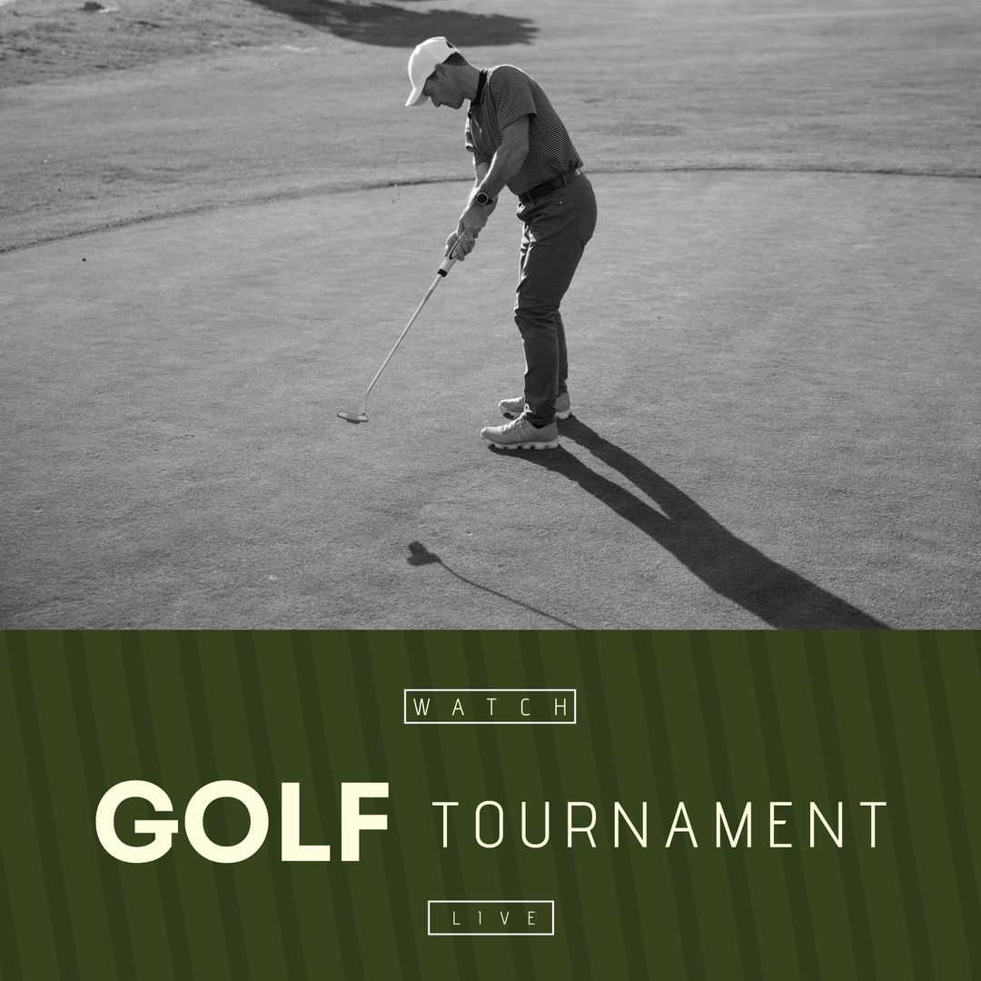 Caucasian Golfer Putting at Golf Tournament with Text Overlay - Download Free Stock Templates Pikwizard.com