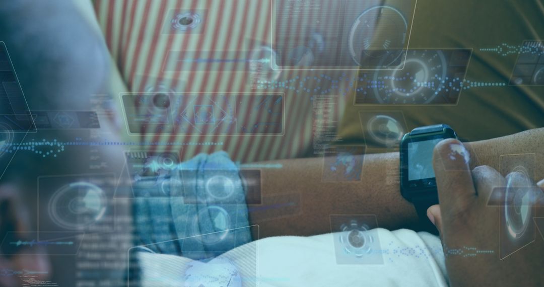 Data Interface Overlay on Man Interacting with Smartwatch