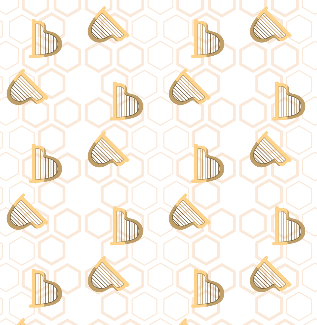 Transparent Gold Harp Hearts on Honeycomb Pattern Vector