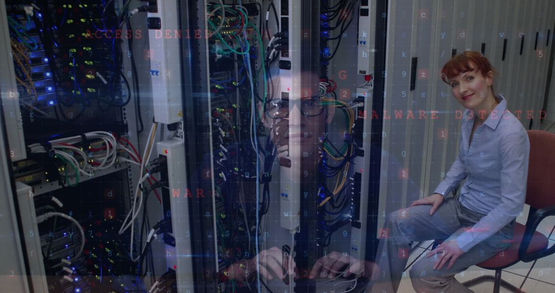 Cybersecurity Analyst in Server Room with Digital Interface Overlay