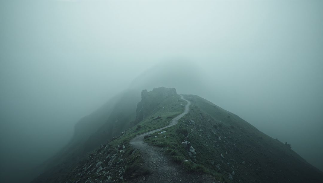 Serene Foggy Mountain Pathway Leading to Old Stone Ruins