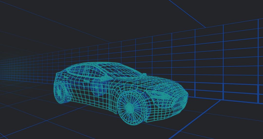 Futuristic Digital Car Wireframe in Virtual Grid