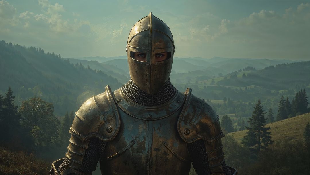 Medieval Knight in Full Plate Armor in Misty Valley