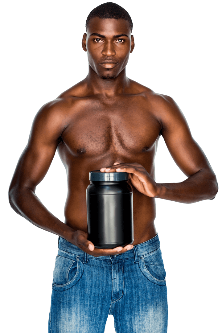 Young Athletic Man Holding Protein Jar with Focused Expression Transparent Background