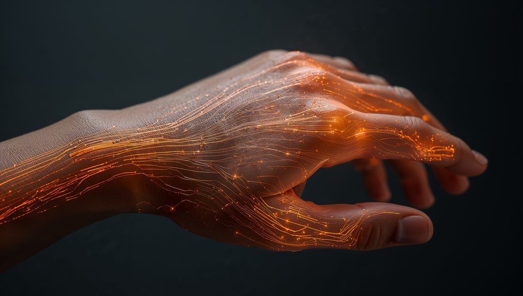 Human Hand Extending with Glowing Orange Circuit Traces and Digital Neural Nodes