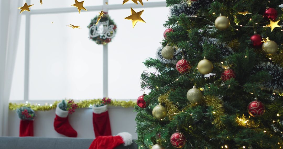 Christmas Tree Decorated with Red and Gold Ornaments