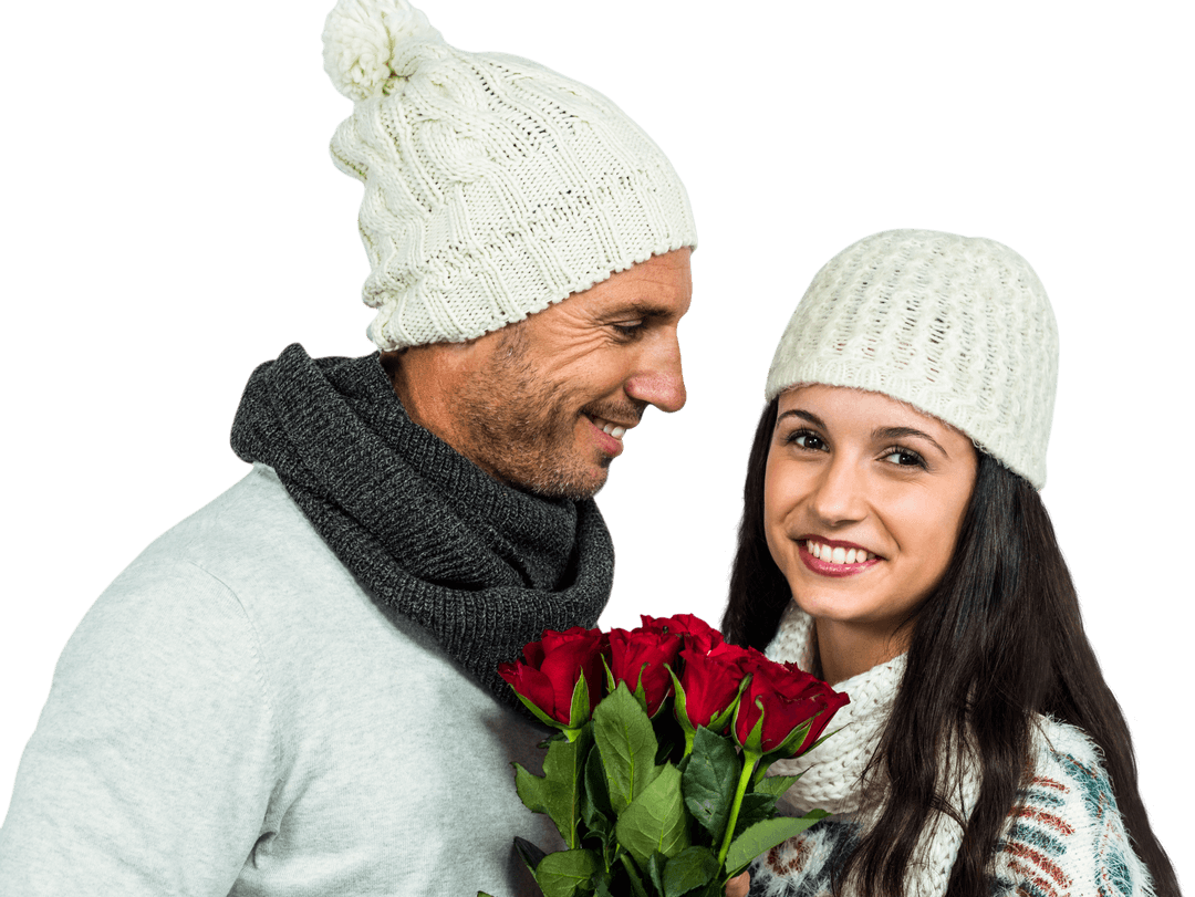 Smiling Couple in Wool Hats Holding Roses on Transparent Background