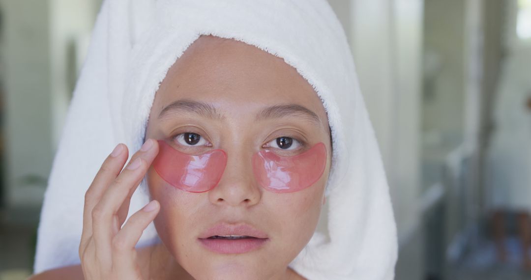 Woman Applying Eye Patches for Skincare in Bathroom - Free Images, Stock Photos and Pictures on Pikwizard.com