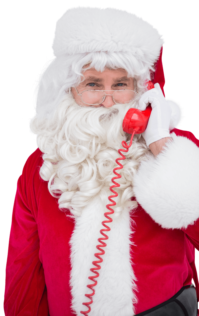 Smiling Santa Claus Calling with Red Telephone Isolated