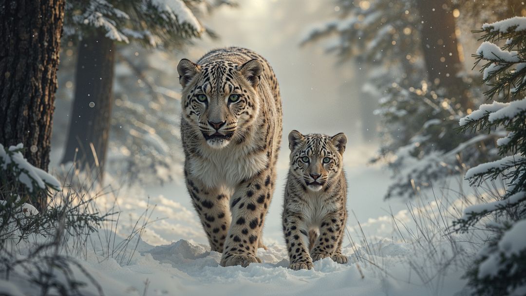 Majestic Snow Leopards Walking Through Winter Forest