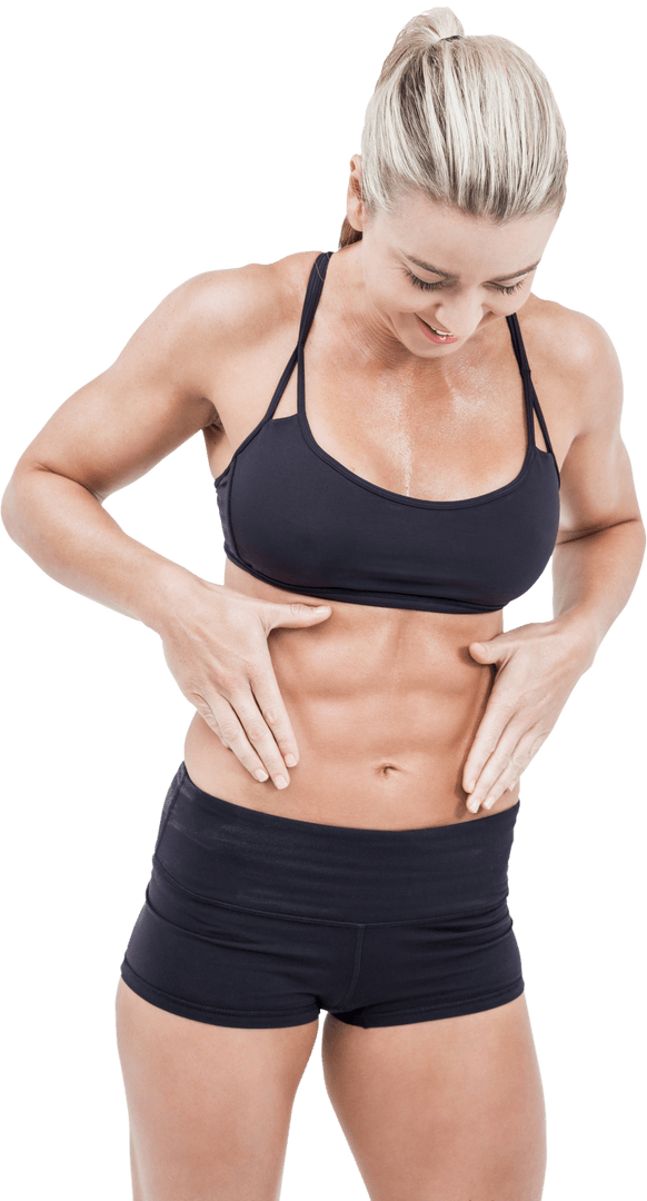 Fit Woman Admiring Transparent Abs Optimistic Expression
