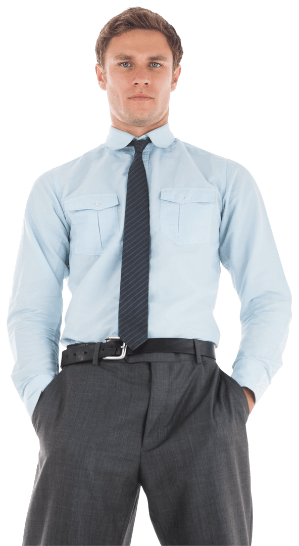 Serious Businessman Standing with Hands in Pockets on Transparent Background