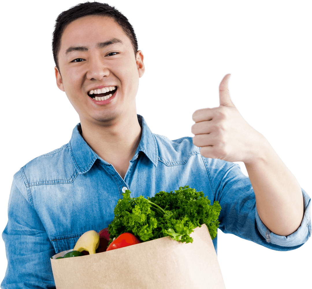Man Holding Paper Bag Full of Vegetables with a Transparent Background
