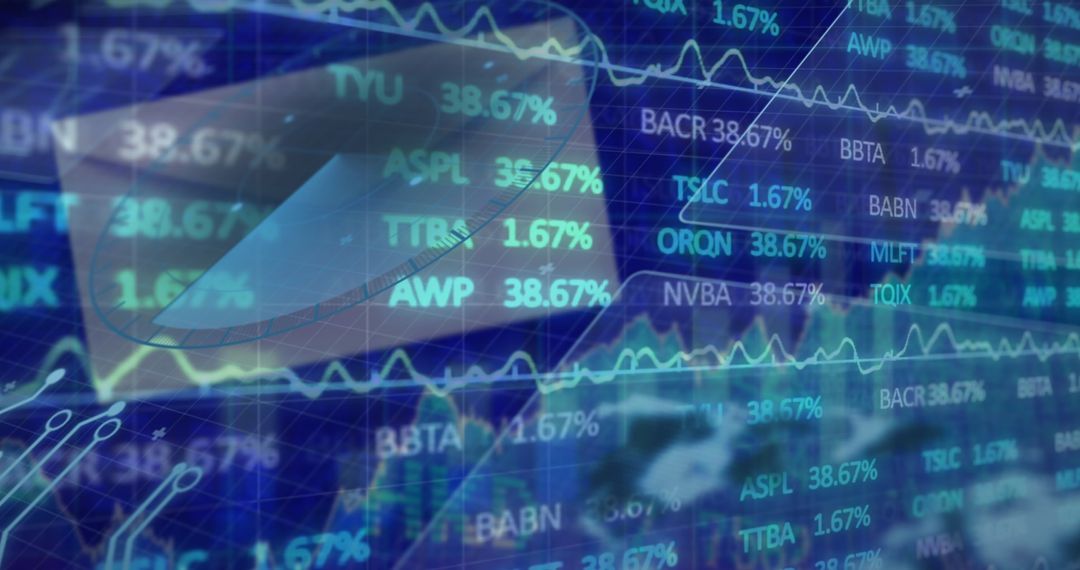 3D Pie Chart Over Financial Dashboard with Scrolling Tickers