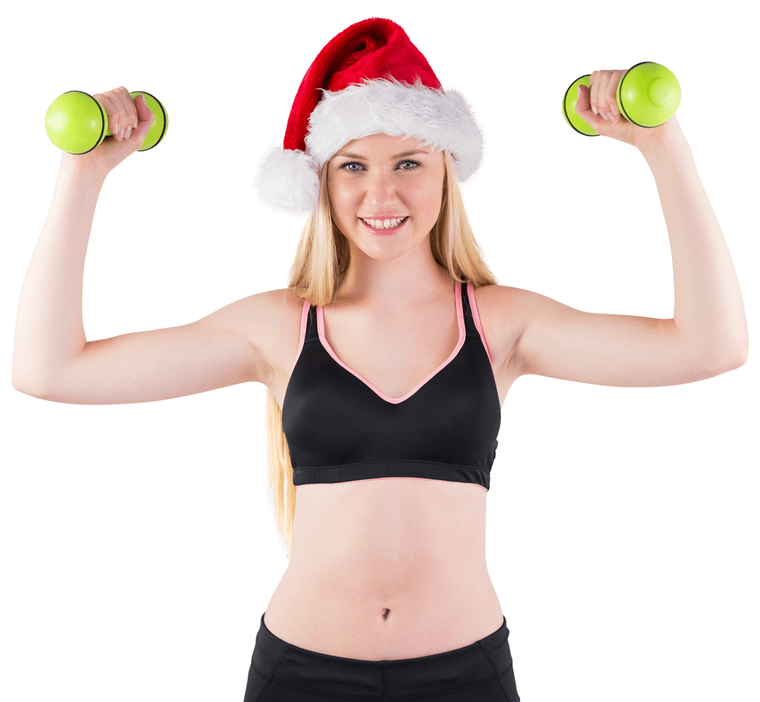 Festive Fitness Enthusiast Lifting Weights with Santa Hat Over Transparent Background