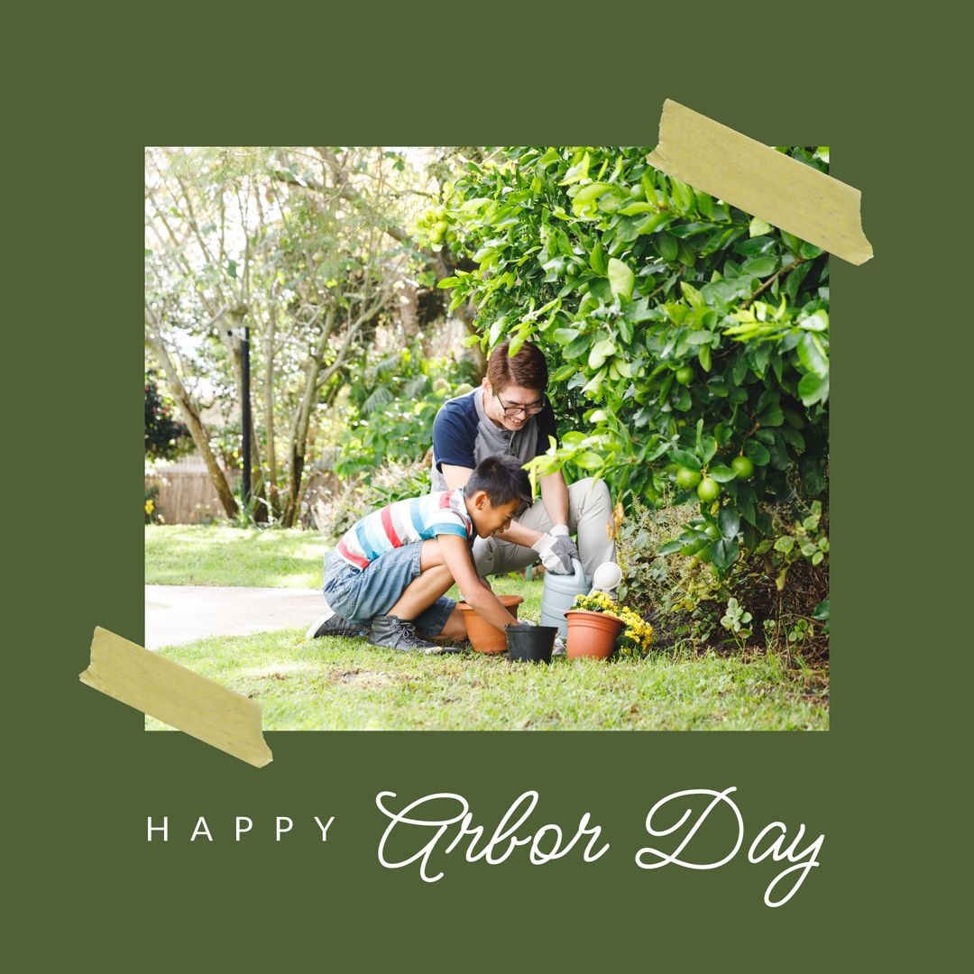 Father and Son Bonding Over Gardening on Arbor Day