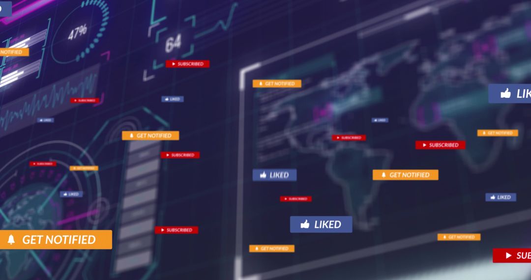 Displaying futuristic analytics dashboard HUD overlays, social notifications, global map