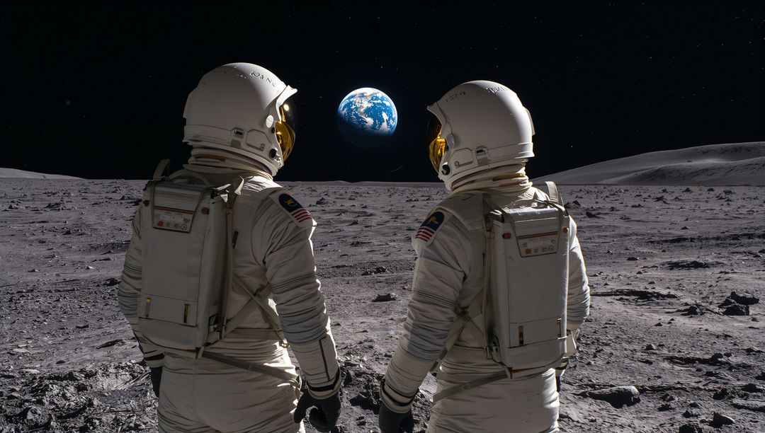 Two Astronauts Watching Earthrise over Lunar Horizon with Gold Visors