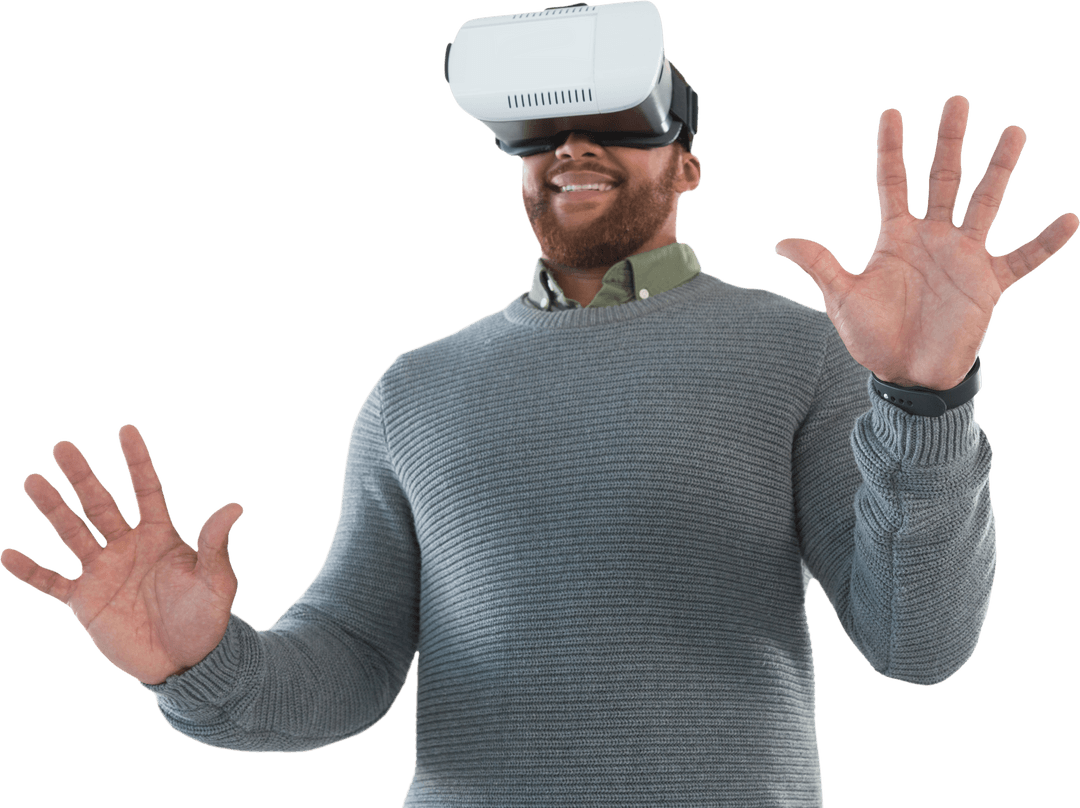 Male Executive Experiencing Virtual Reality with Hands Raised Transparent