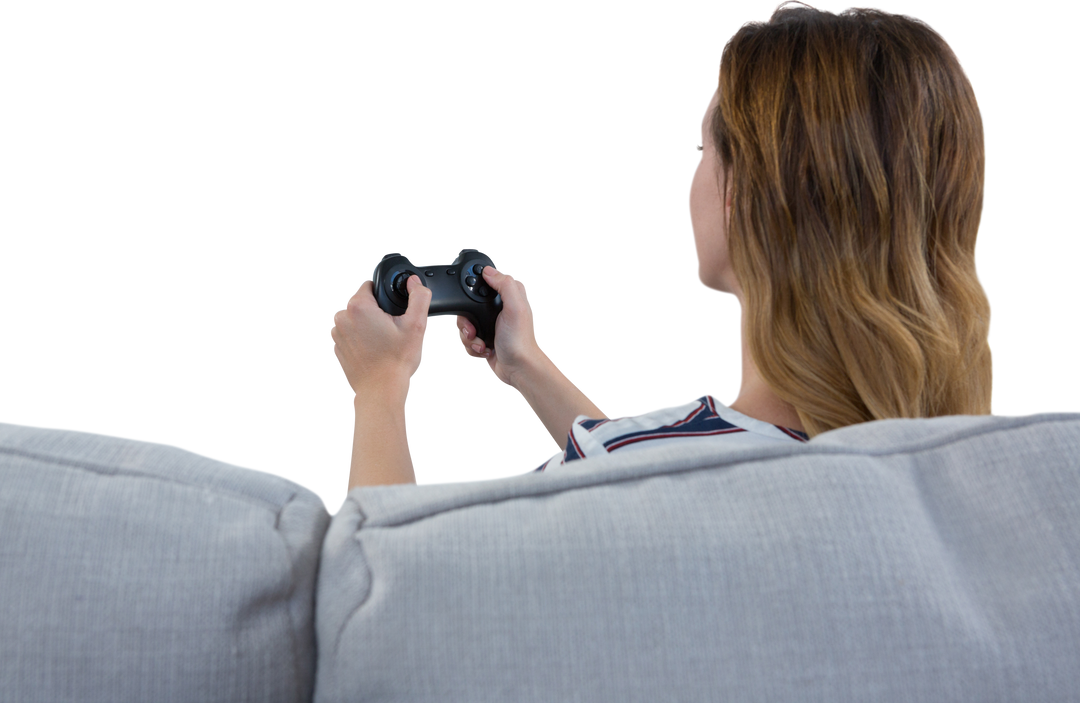 Rear View of Woman with Brown Hair Playing Video Game on Sofa, Transparent Background - Download Free Stock Images Pikwizard.com