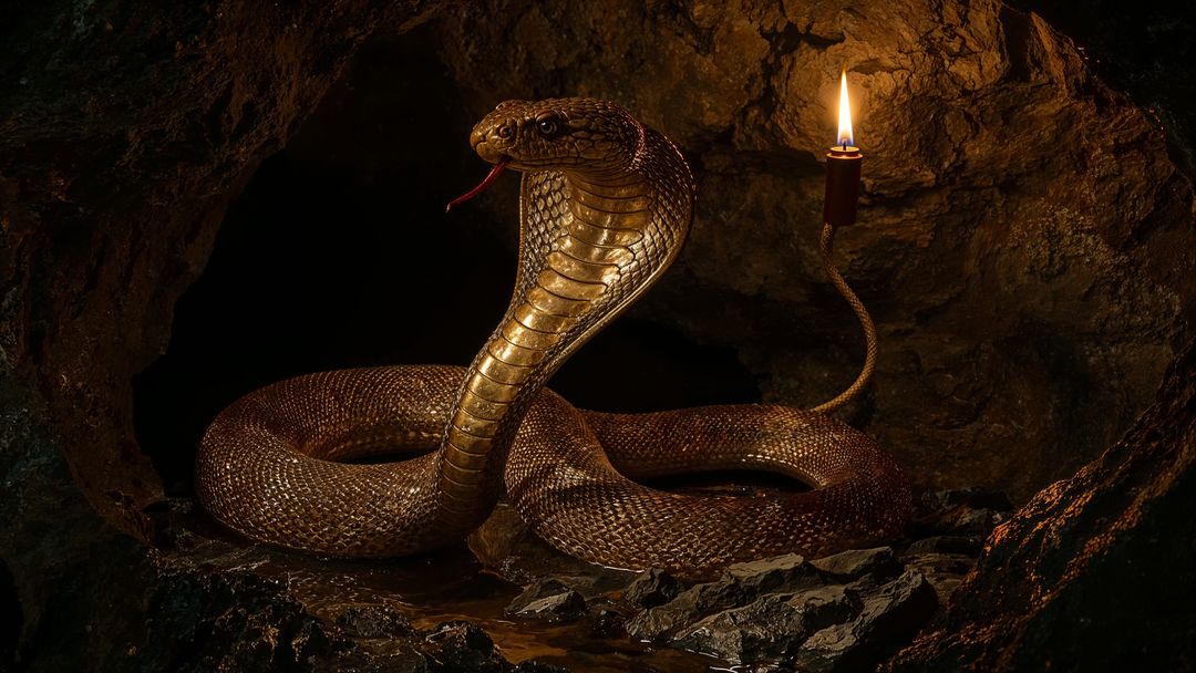 Coiling king cobra flaring hood in mysterious cave