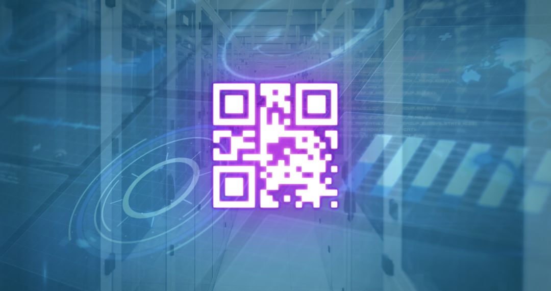Neon QR Code Hovering in Futuristic Data Center