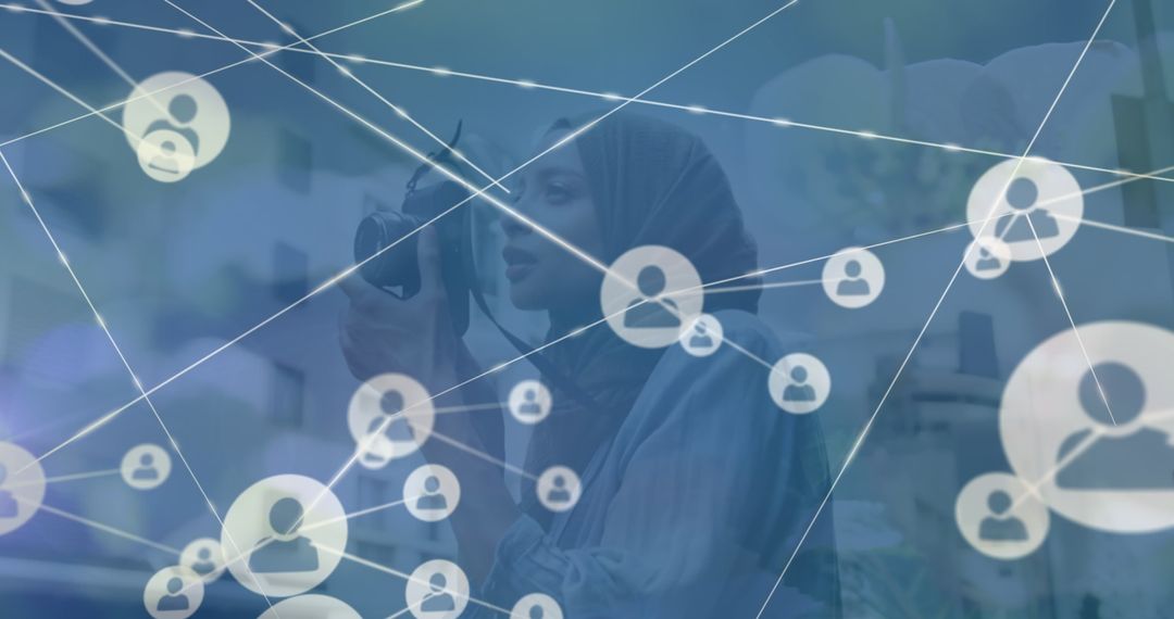 Global Connection Network Overlay with Woman Using Camera