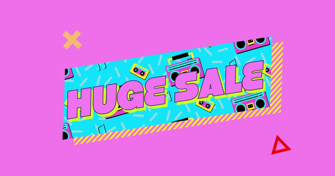 Vibrant Huge Sale Retro Banner with Neon Colors and Geometric Shapes - Free Images, Stock Photos and Pictures on Pikwizard.com