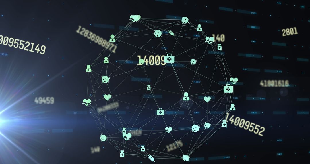 Digital Network Globe with Medical Data Icons and Global Connections