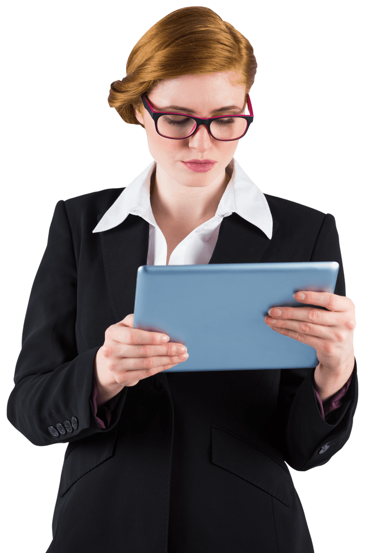 Transparent Redhead Businesswoman Using Tablet for Work