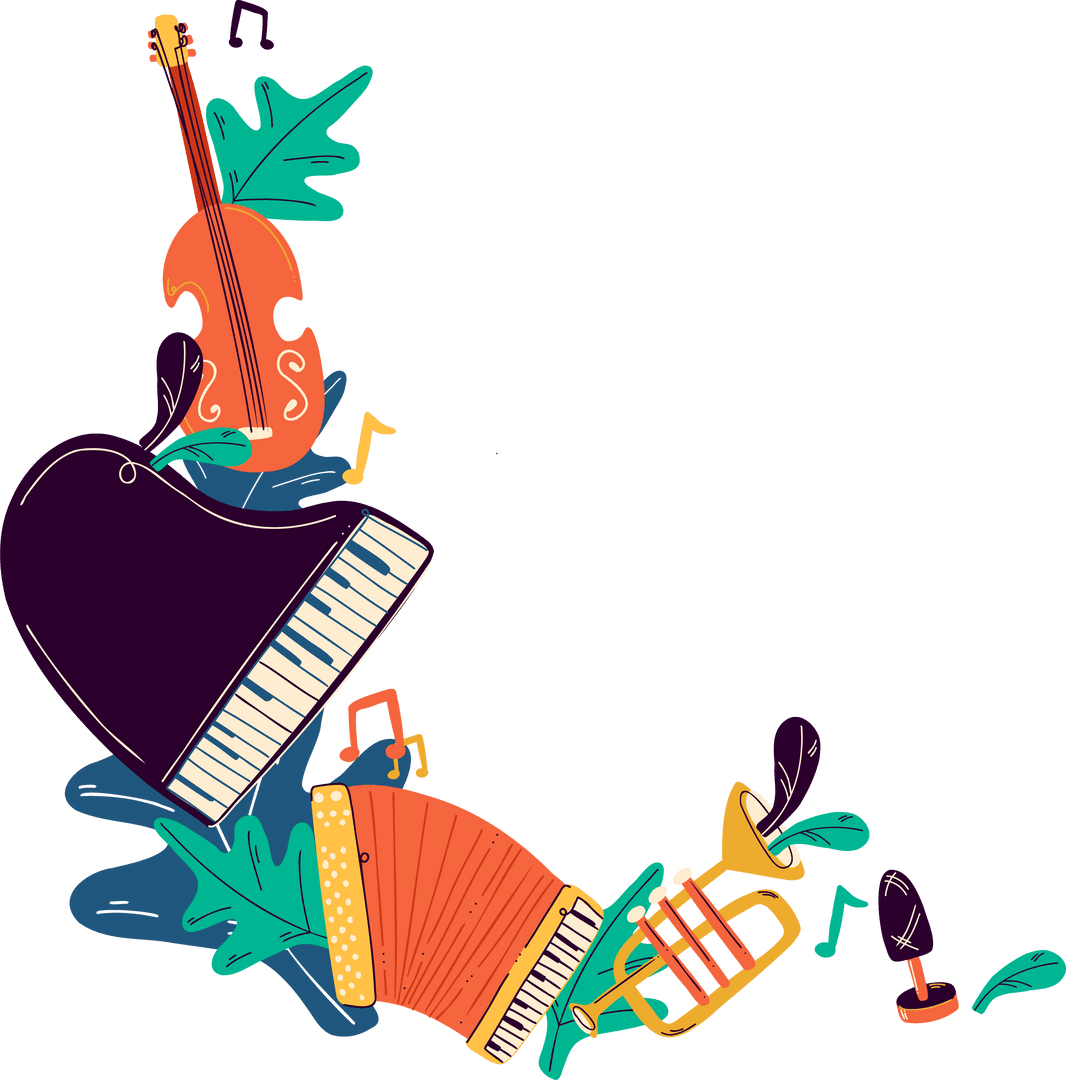 Vibrant Musical Instrument Collage on Transparent Background
