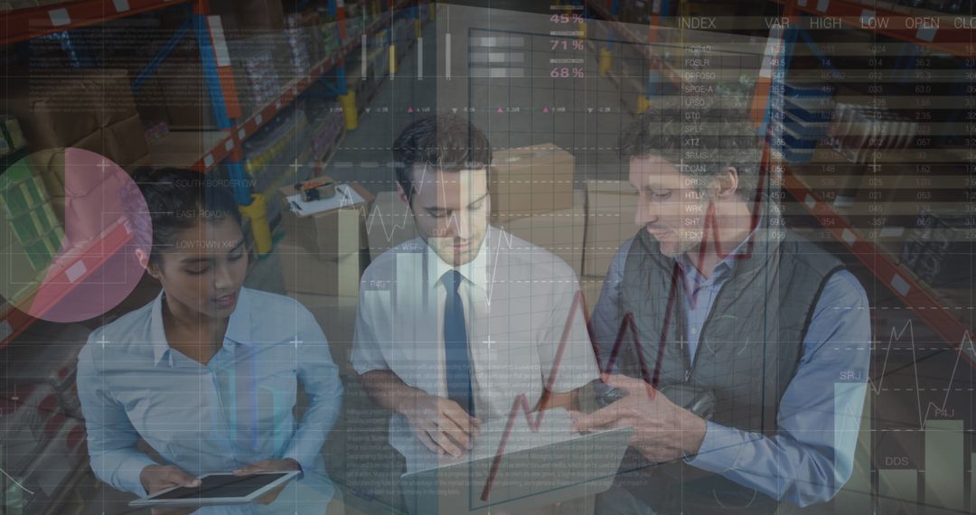 Warehouse Team Analyzing Data with Digital Interface Overlay