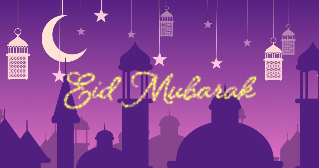 Eid Mubarak Greeting With Mosque Silhouettes and Lanterns - Free Images, Stock Photos and Pictures on Pikwizard.com