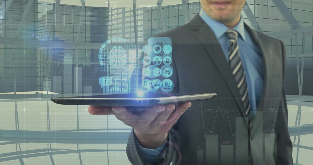 Businessman Using Tablet with Financial Tech Interface