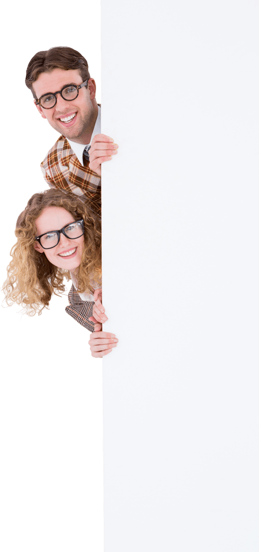 Smiling Hipster Couple Peeking from Behind Transparent Poster