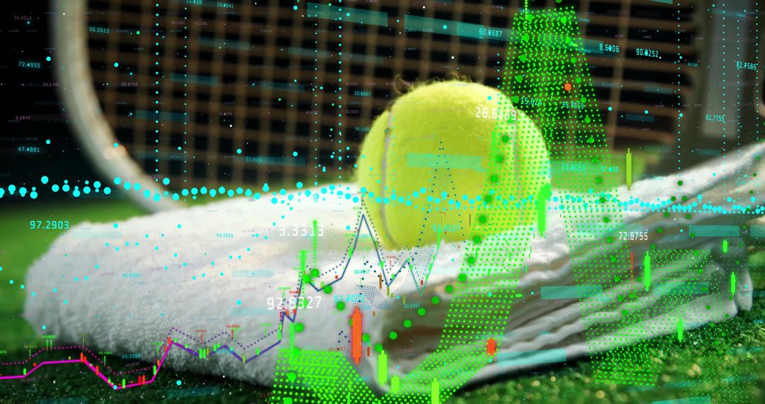 Tennis Ball and Racket with Overlay of Financial Charts on Green Court