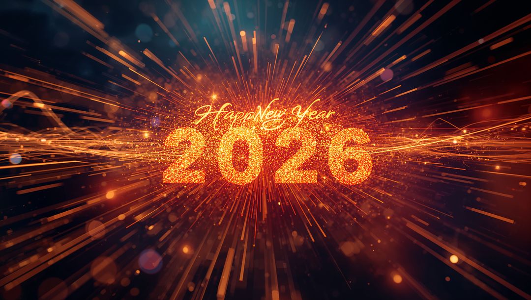 Glittering 2026 New Year Greeting Featuring Golden Sparks, Light Trails and Bokeh